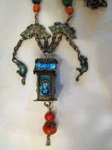 ANTIQUE CHINESE SILVER CORAL TURQUOISE ENAMEL PAGODA BELLS RATS 