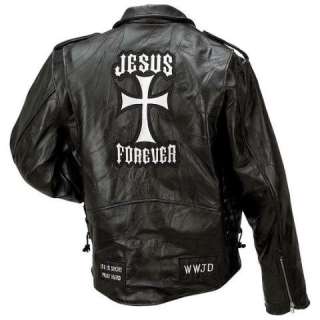 Leather Motorcycle Jacket with Christian Patches  