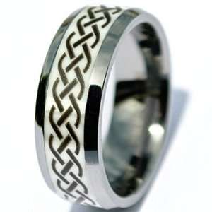   Tungsten Ring with White Ceramic Inlay and Laser Etched Pattern 12.5