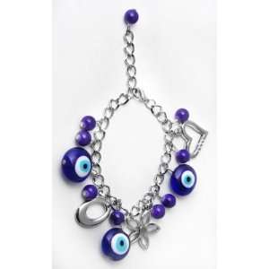  Indigo Glass Charm Bracelet with Heart, flower & Ring with 