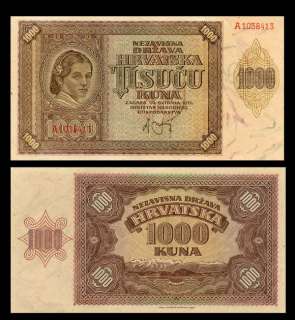 1000 KUNA Banknote of CROATIA 1941   Croatian LADY   AU  
