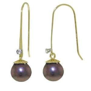   Gold Fish Hook Earrings with Genuine Diamond & Black Pearls: Jewelry