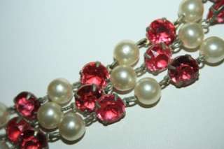 Vtg 1930s Art Deco 55 Long Pink Open Back Stones & Pearls Flapper 