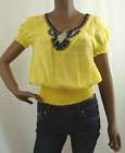 Womens Yellow Beaded Cotton Blouse by Solaris Sz L Nwt