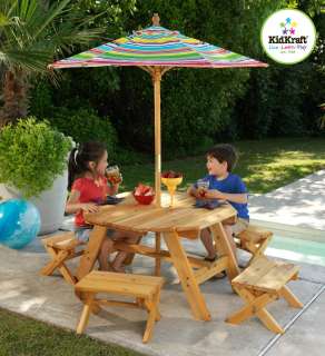 Octagon Table and 4 Bench/Stools & Umbrella Childrens Patio set 