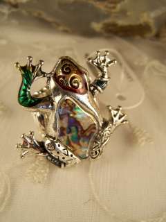 Artsy Abalone Inset Frog Design Stretch Ring Silvertone  