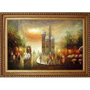 US City Street Scene in 1800s Oil Painting, with Exquisite Dark Gold 