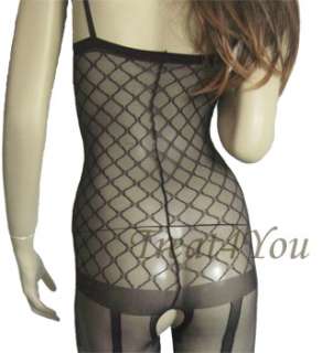   Sexy Sheer Bodystocking with Faux Fence Net Mini and Garter Stockings