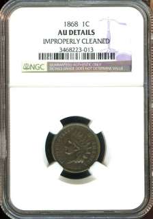 1868 NGC AU DETAILS IMPROPERLY CLEANED INDIAN HEAD CENT 1C AC102 