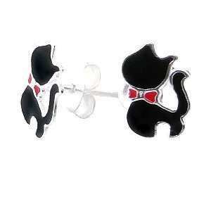  Adorable Black Cat with Red Bow Sterling Silver Childrens 