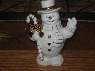   Ivory and Gold Snowman Christmas Ornament with Candy Cane EUC  