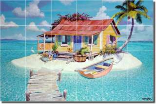 Shaffett Tropical Beach Boat Palm Ceramic Tile Mural  