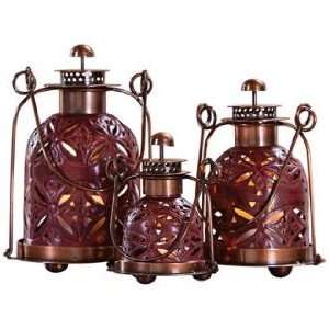   Set of 3 Pierced Floral Copper and Red Candle Lanterns: Home & Kitchen