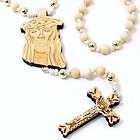 WOODEN ROSARY 14K GOLD PLATED BEADS JESUS PENDANT CROSS NECKLACE 