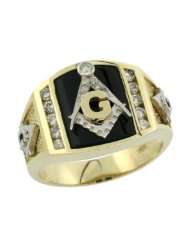 10k Gold Mens Freemasonry Rhodium Accented Masonic Diamond Ring w 