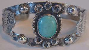 VINTAGE NAVAJO INDIAN STERLING APPLIED CHIEF HEADS TURQUOISE CUFF 