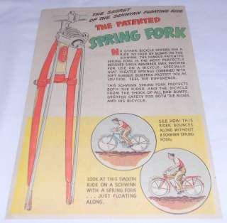 1949 Schwinn bicycling cartoon ad page ~ PATENTED SPRING FORK  
