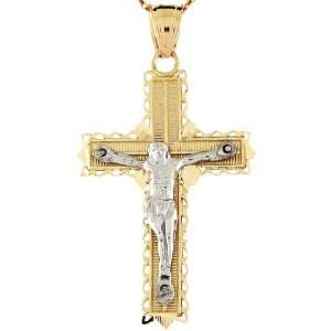 14k Two Tone Gold Diamond Cut Cross Crucifix Jesus Religious Pendant