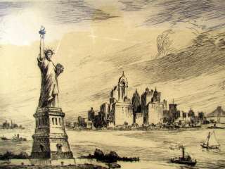 Antique Nat Lowell Statue of Liberty & New York City Etching  