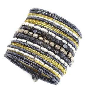 Fashion Beaded Cuff; 2.5L; Burnished Silver, Gunmetal, Blue, And Gold 
