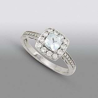 Aquamarine Cushion and White Sapphire Accent Ring in Sterling Silver 
