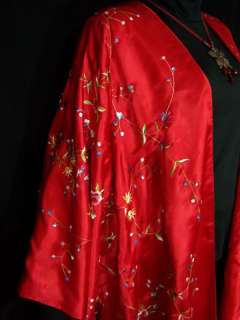 Red Embroidered Silk Kimono Caftan Duster Opera Coat 5x  