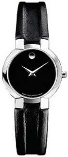 Movado Ladies Black Dial Black Leather Strap Quartz Watch 0605039 