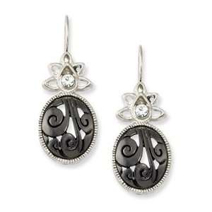  Silver tone Jet Black Crystal Oval Dangle Earrings 