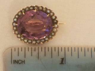   ROSE GOLD OVAL BROOCH INSET WITH A GENUINE AMETHYST AND SEED PEARLS