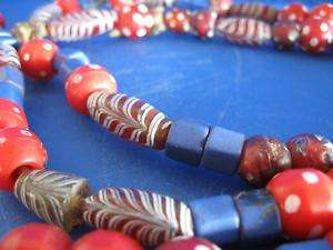Antique Trade Bead Necklace Red Feather Dice Russian Bl  
