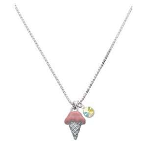 Strawberry Ice Cream Cone Charm Necklace with AB Swarovski Crystal 