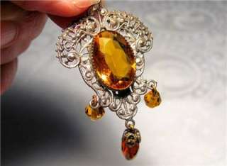   ANTIQUE Victorian VAUXHALL AMBER GLASS Filigree DROP NECKLACE  