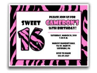 Sweet 16 Birthday Invitations pink black ZEBRA print  