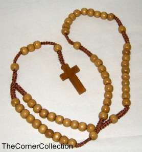 NATURAL WOODEN BEAD ROSARY NECKLACE DARK MACRAME CHAIN  