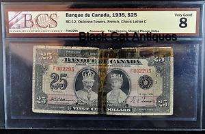 1935 Canada $25 Twenty Five Dollar Bill BC 12 Ver Good 8 BCS RARE 