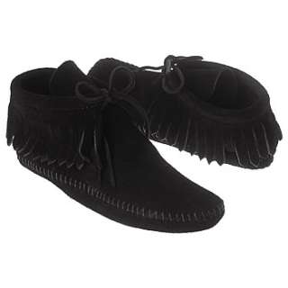 Womens Minnetonka Moccasin Classic Fringed Boot Black Suede Shoes 