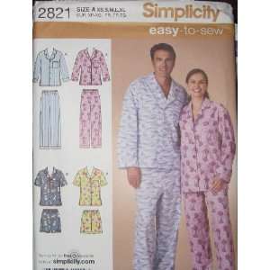 SIMPLICITY PATTERN 2821 MISSES, MENS AND TEENS PAJAMAS SIZE A XS, S 