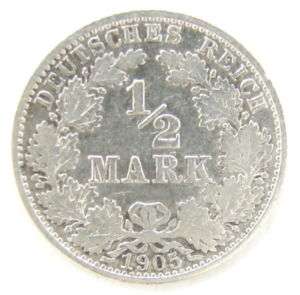 GERMAN GERMANY DEUTSCHE 1/2 MARK COIN 1905 x  
