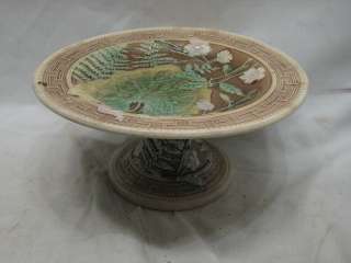   MAJOLICA CAKE PLATE FOOTED STAND ART POTTERY FERN ASPEN LEAF COMPOTE