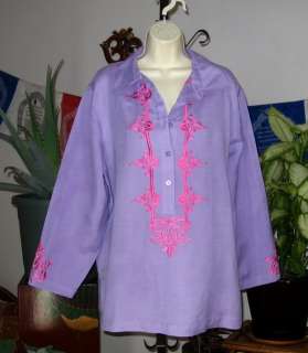 LINEA Louis DellOlio Lavender & Pink Embroidered Linen Blend Ethnic 