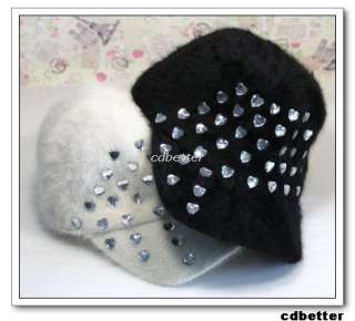 Women Girl Fashion Rabbit fur Bling Decor Warm Winter Visor Brim Hat 