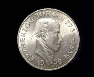 Austria 1959 25 Schilling Coin Silver BU, Johann  