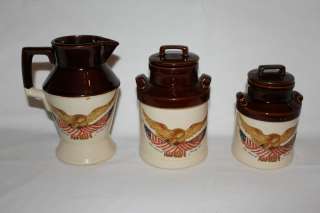 Vintage McCoy Carved Wooden Eagle Pitcher & Two Canisters Mint  