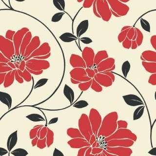 56 sq.ft. Red, Black and Cream Large Scale Modern Floral Wallpaper 
