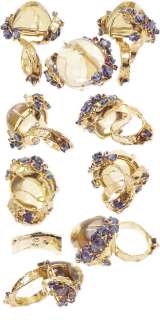 Huge Retro 14K Gold Citrine Ruby Sapphire, Diamond Ring  