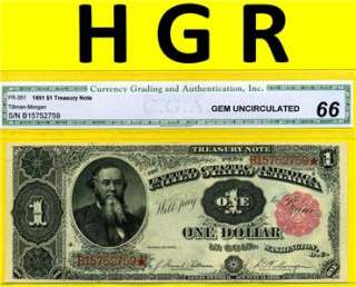 HGR 1891 $1 Treasury Note Stanton CGA GEM 66  