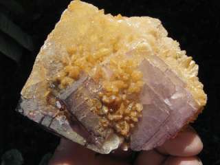 Yellow Calcite On Purple Fluorite Mineral Specimen  