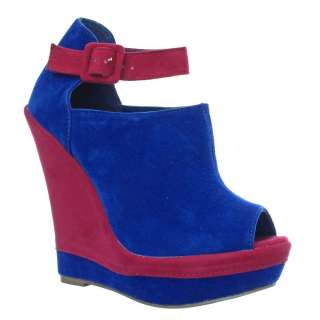 Ladies Blue Colour Block Platform Wedges Shoes Size 3 8  
