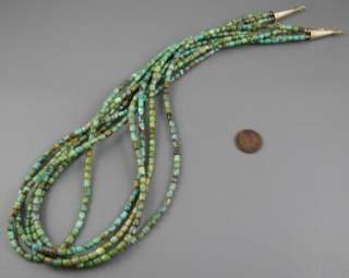 Navajo 5 Strand Green Hand Cut Turquoise Bead Sterling Necklace 86 