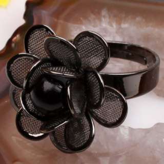 Black Silver Plated Rose Flower Ring Adjustable 1pc NEW  